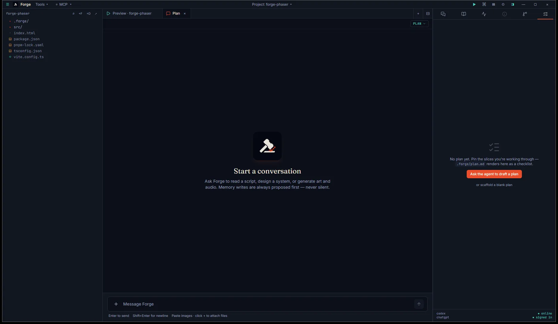 Plan tab empty state with the "Ask the agent to draft a plan" CTA