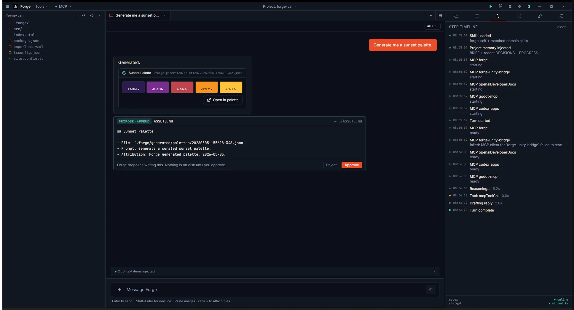 Chat showing a sunset palette card with five swatches: dark purple, magenta, persimmon red, orange, and amber yellow. An "Open in palette" button sits below the swatches, and a forge-propose ASSETS.md card logs the generation.