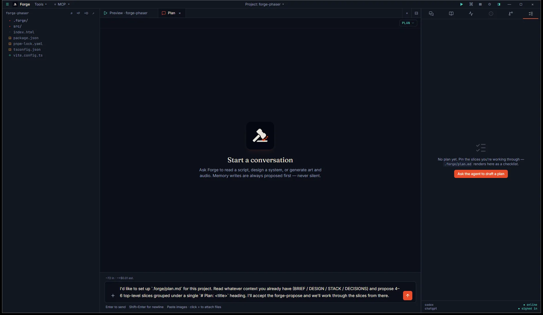 Fresh Plan-mode chat tab with the kickoff prompt pre-filled in the input, mode chip on PLAN