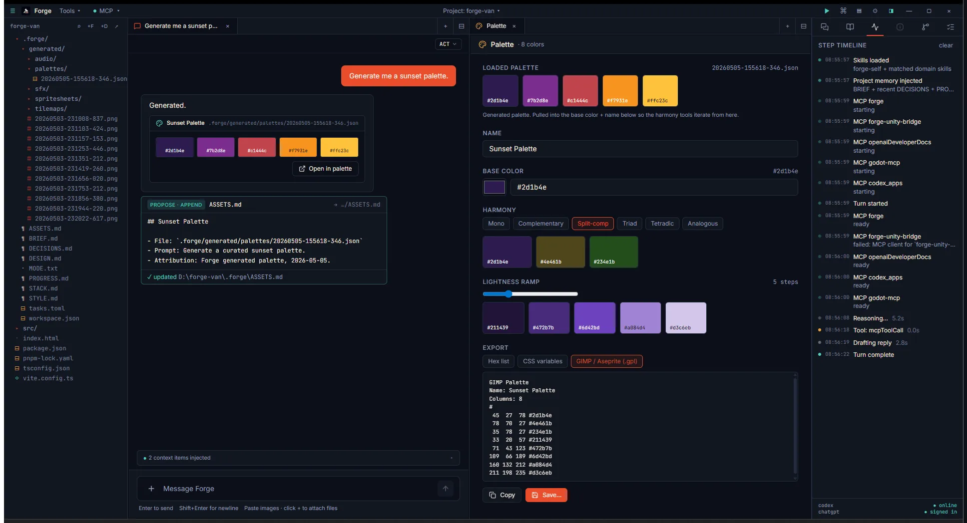 Palette tool tab open with the loaded sunset palette displayed at the top. Base color seeded to the first swatch, split-comp harmony showing derived swatches, and a lightness ramp visible below.