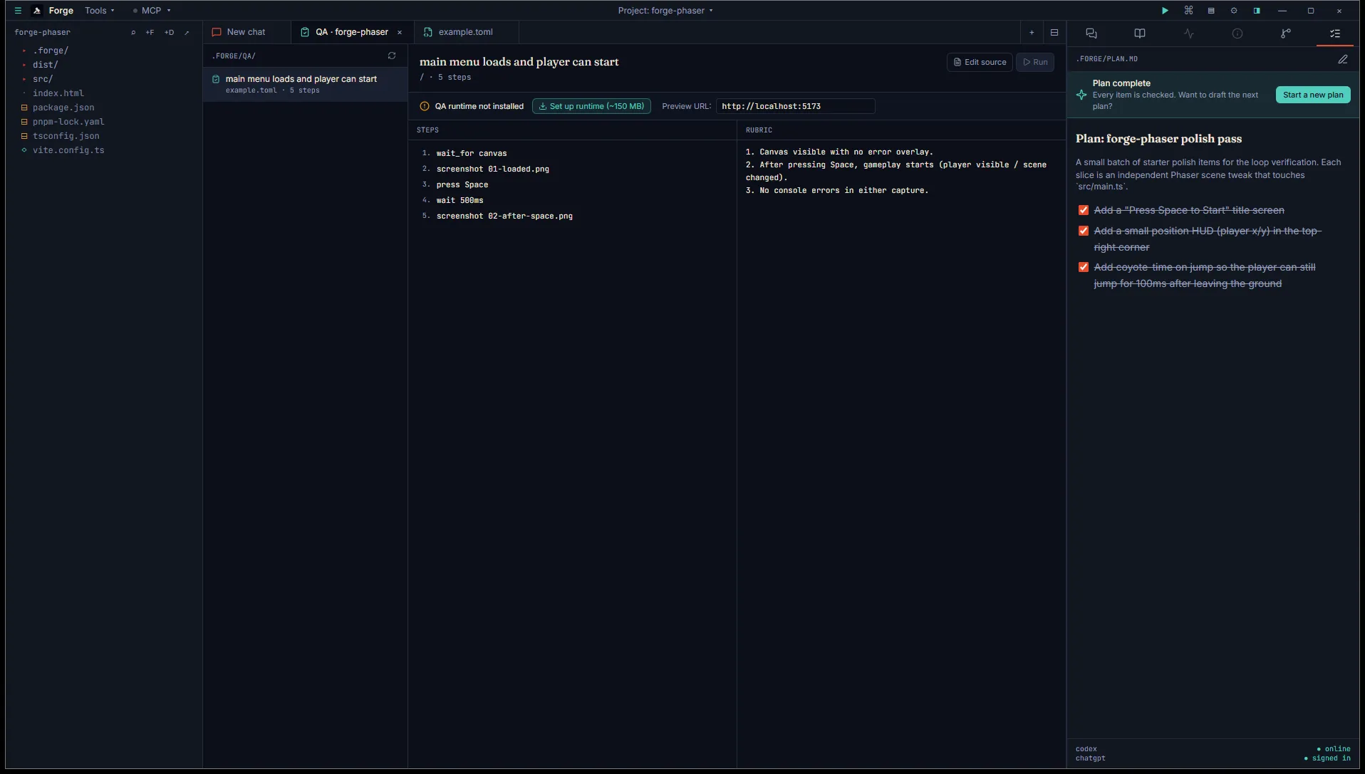 QA tab with the example scenario, runtime banner saying "QA runtime not installed", editable Preview URL input, Steps and Rubric panes