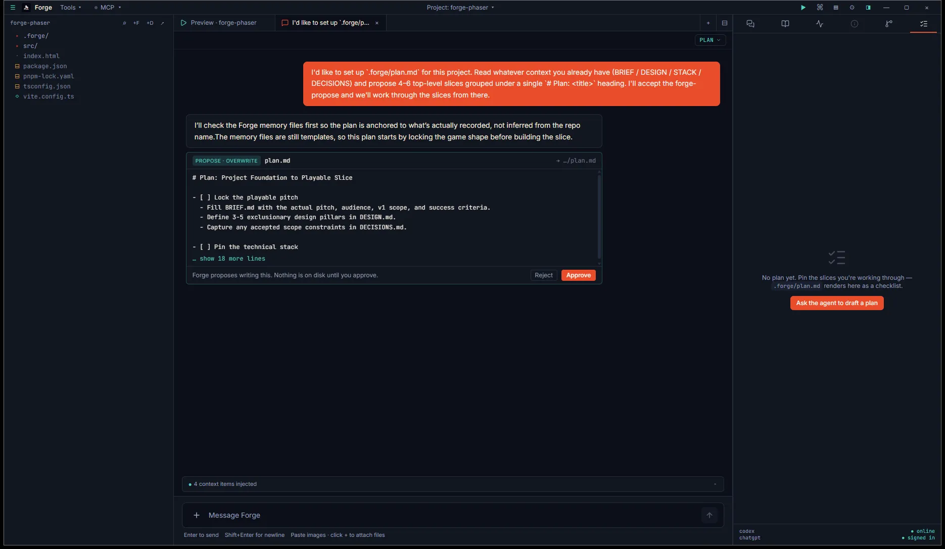Forge-propose card pending approval, showing the proposed plan content with top-level items and nested sub-bullets