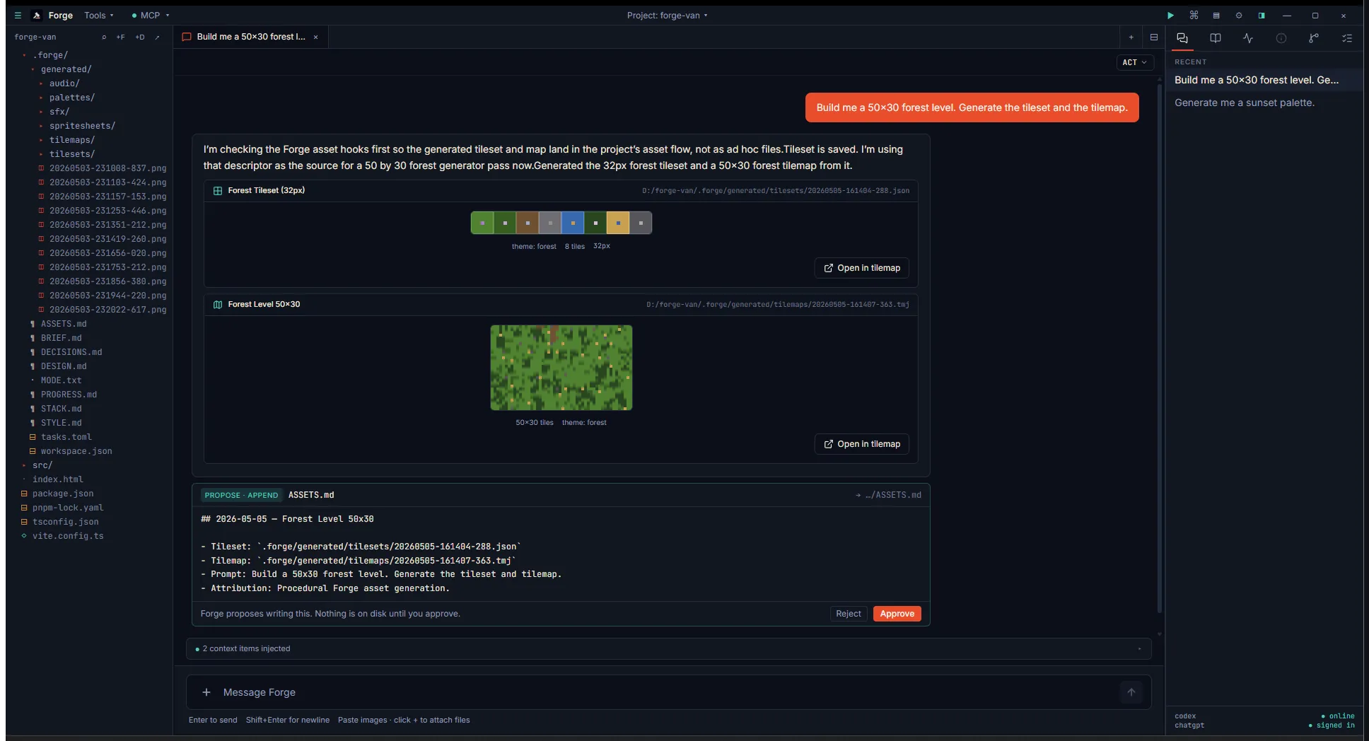 Chat showing two stacked cards: Forest Tileset with an 8-tile colored strip, and Forest Level 50×30 with a mini-rendered green tilemap showing scattered trees, paths, and grass patches. Below them, a forge-propose ASSETS.md card logs both files.