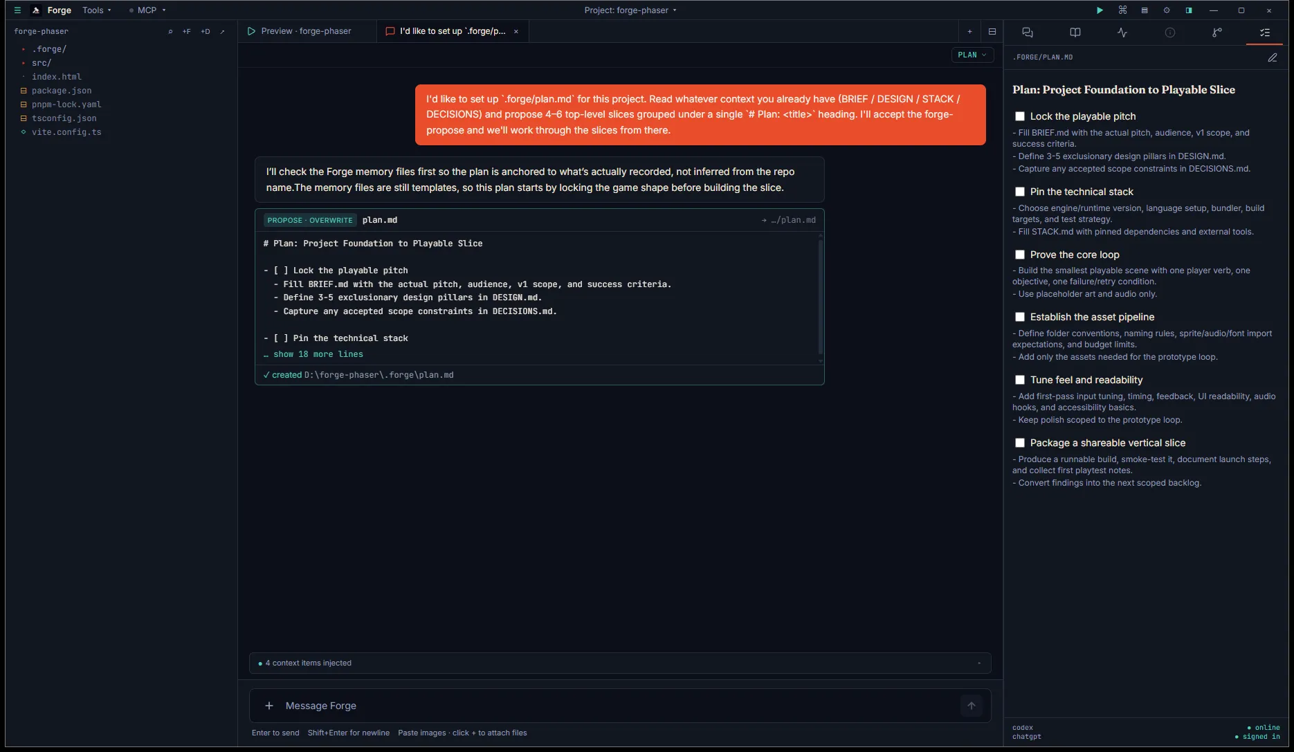 Inspector Plan tab populated with the agent-drafted plan: 6 top-level slices each with nested sub-bullets