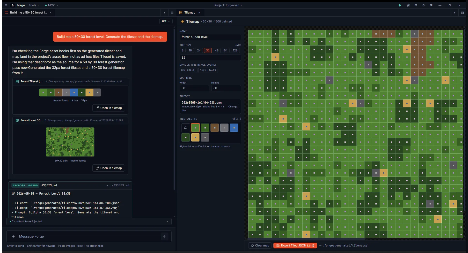 Tilemap editor showing the full 50×30 forest level painted: green grass with darker patches, scattered trees, dirt paths, and water tiles. Tile palette on the left with eight forest tiles plus an eraser. "1500 painted" indicator shows every cell hydrated.