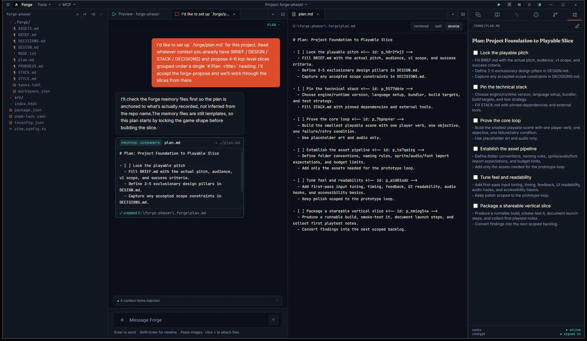 plan.md open in Monaco showing the markdown source with auto-minted <!-- id: p_xxxxxxxx --> comments on each top-level item