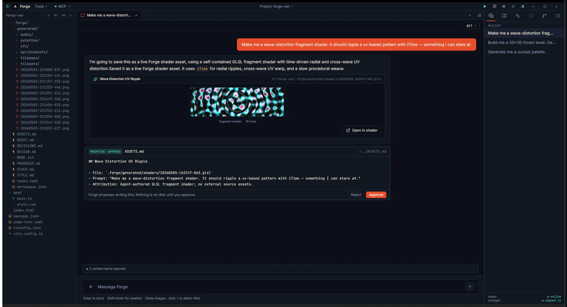 Chat showing a Wave Distortion 01 Ripple shader card with an animated blue ripple pattern in a small canvas. Card stats show "fragment shader · 27 lines" and an "Open in shader" button to load the source into the sandbox for editing.