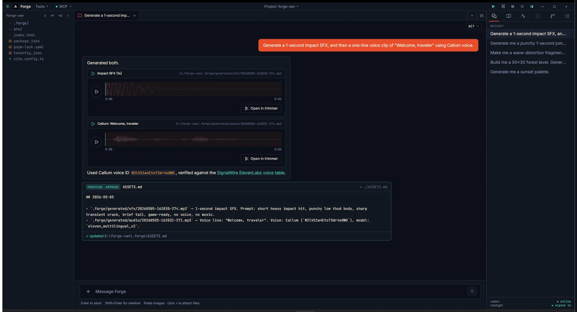 Chat showing two audio cards stacked: Impact SFX (1s) with a transient-decay waveform, and "Callum: Welcome, traveler" with a speech-rhythm waveform. Both have play buttons and "Open in trimmer" affordances. ASSETS.md card below logs both files with full attribution including voice ID and model.