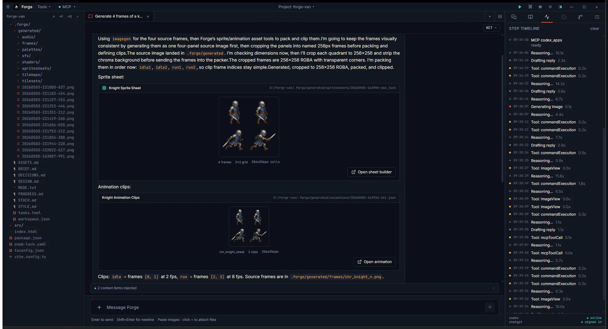 Chat showing a Knight Sprite Sheet card with the packed 2x2 atlas of knight frames, and an Animation clips card with the same sheet plus clip metadata. Both have open-in-tab buttons.