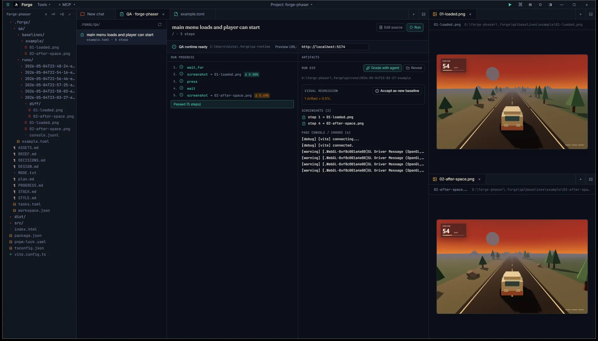 Run progress: 5 green checkmarks, Δ 2.31% and Δ 3.86% diff badges next to screenshots, "Passed (5 steps)" summary banner