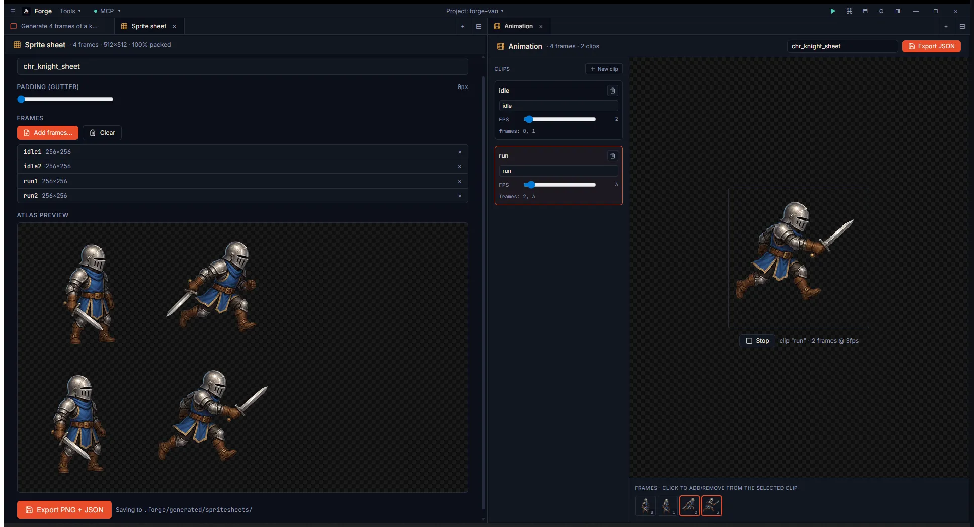 Two editor tabs side by side: Sprite Sheet on the left with the 2x2 atlas preview, and Animation tab on the right showing one knight frame at fit-to-pane scale, two clips listed (idle and run) with their fps sliders, and a Stop button indicating the clip is currently playing.