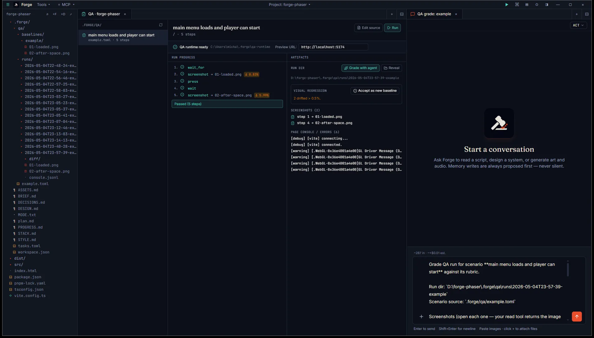 Chat tab "QA grade: example" with the kickoff prompt staged in the textarea, ready to send