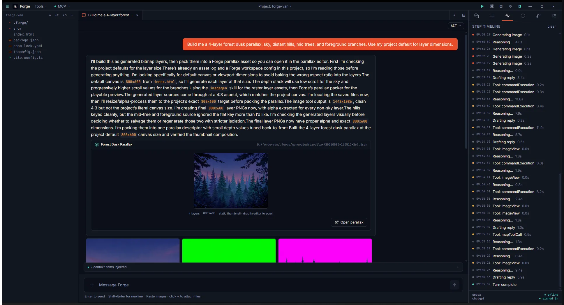 Chat showing a Forest Dusk Parallax card with a composed thumbnail: gradient sky gradient, dark tree silhouette mid-ground, and foreground branches stacked. Card stats show "4 layers · 800x320 · static thumbnail · drag in editor to scroll" with an "Open parallax" button.