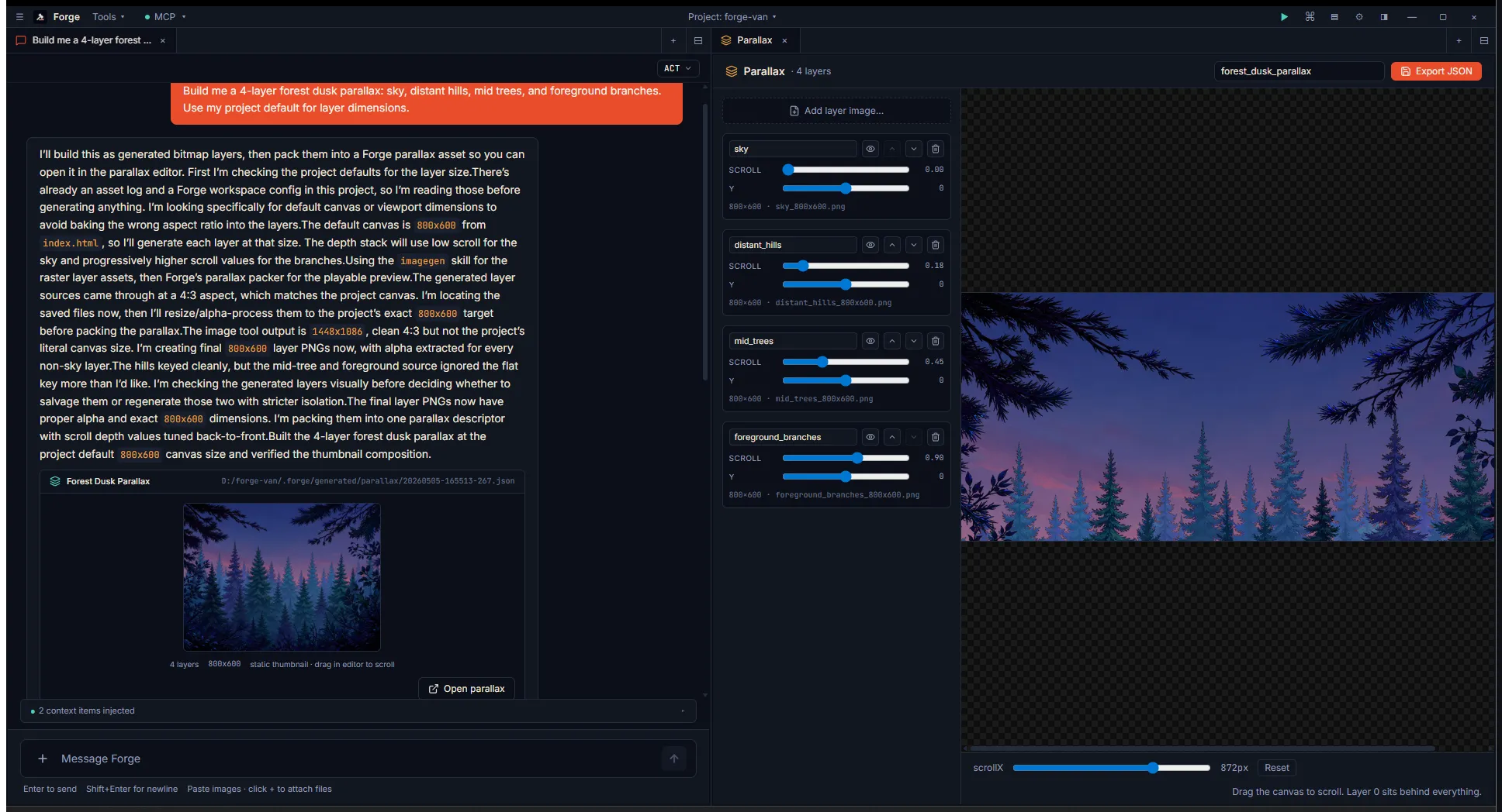 Parallax editor with four layer cards stacked in the left rail (sky, distant_hills, mid_trees, foreground_branches), each showing scroll multiplier and Y offset sliders. Big composed preview on the right showing the forest dusk scene at rest.