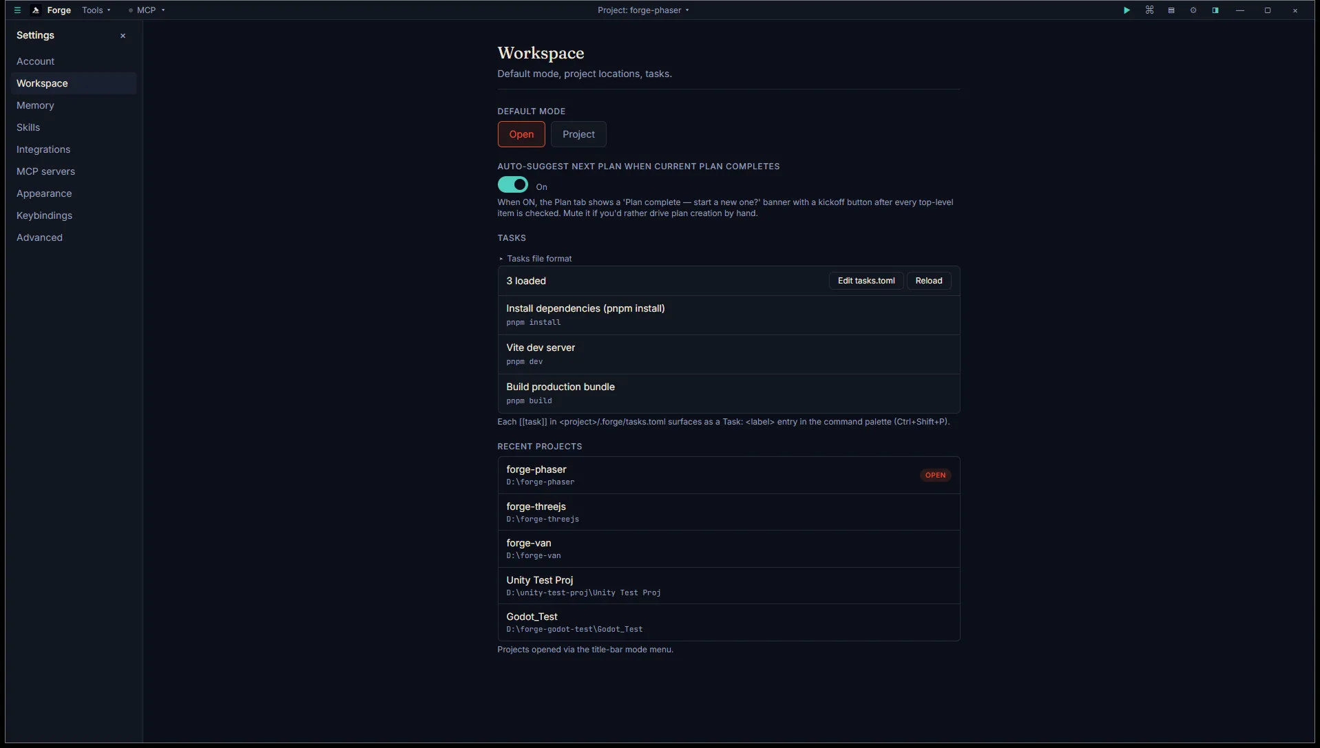 Settings page with the "Auto-suggest next plan" toggle visible in the Workspace section, set to ON