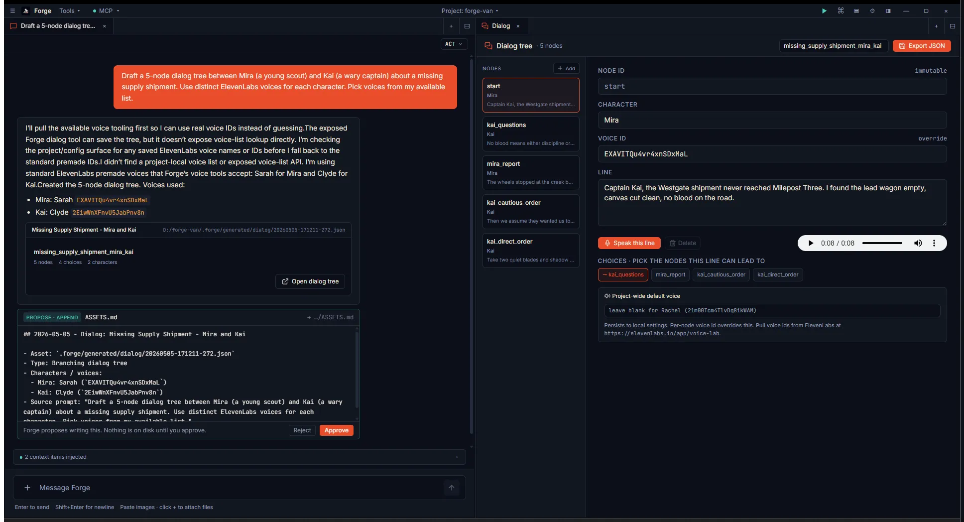 Dialog tree tab showing a multi-node convo between Mira (a young scout) and Kai (a wary captain). Node list on the left rail, edit panel for the start node with Mira's voice id and her opening line, audio player playing the line.