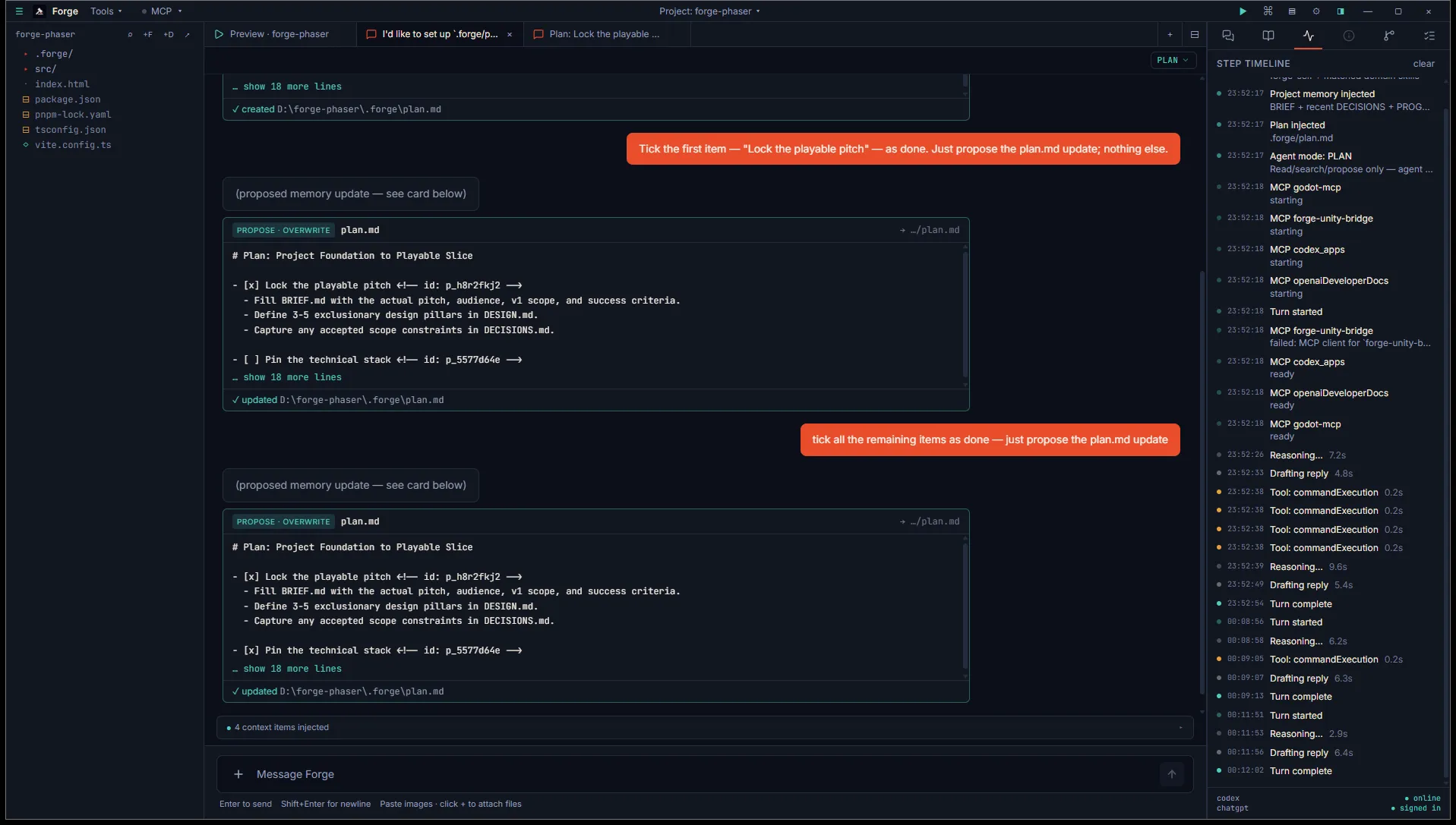 Inspector Timeline tab listing per-turn activity including a "Plan injected" marker