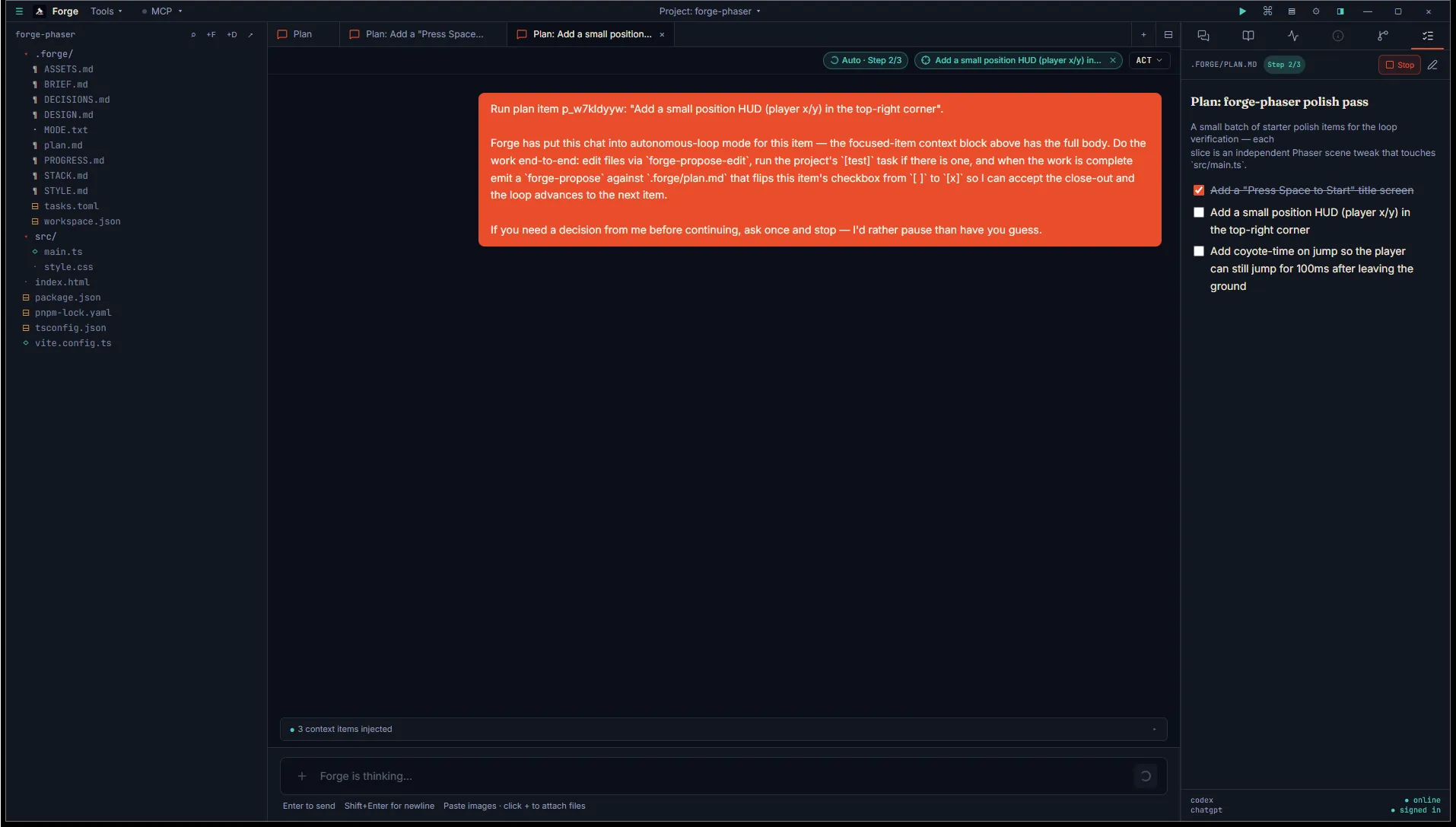 Loop running: focused chat with Auto Step 2/3 pill, Pinned-item badge, kickoff prompt visible, Plan inspector showing Step 2/3 pill and the first item ticked off