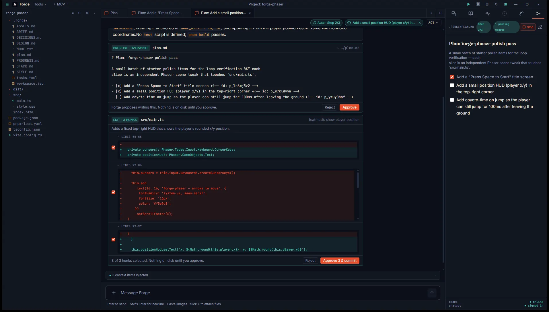 Mid-step view: focused chat with both a forge-propose-edit card for src/main.ts and a forge-propose card for plan.md, both pending approval