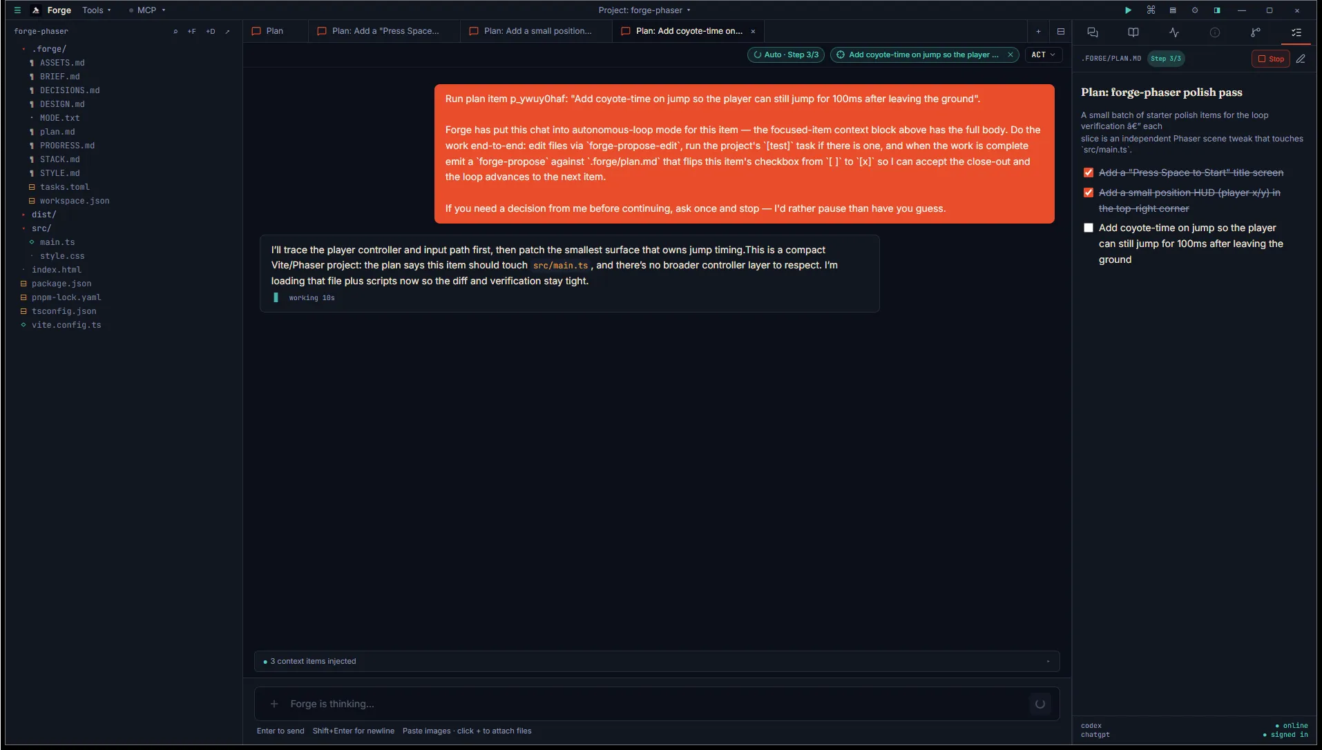 Loop advanced to step 3: previous step shown ticked, new "Plan: Add coyote-time…" focused chat opened with its kickoff prompt