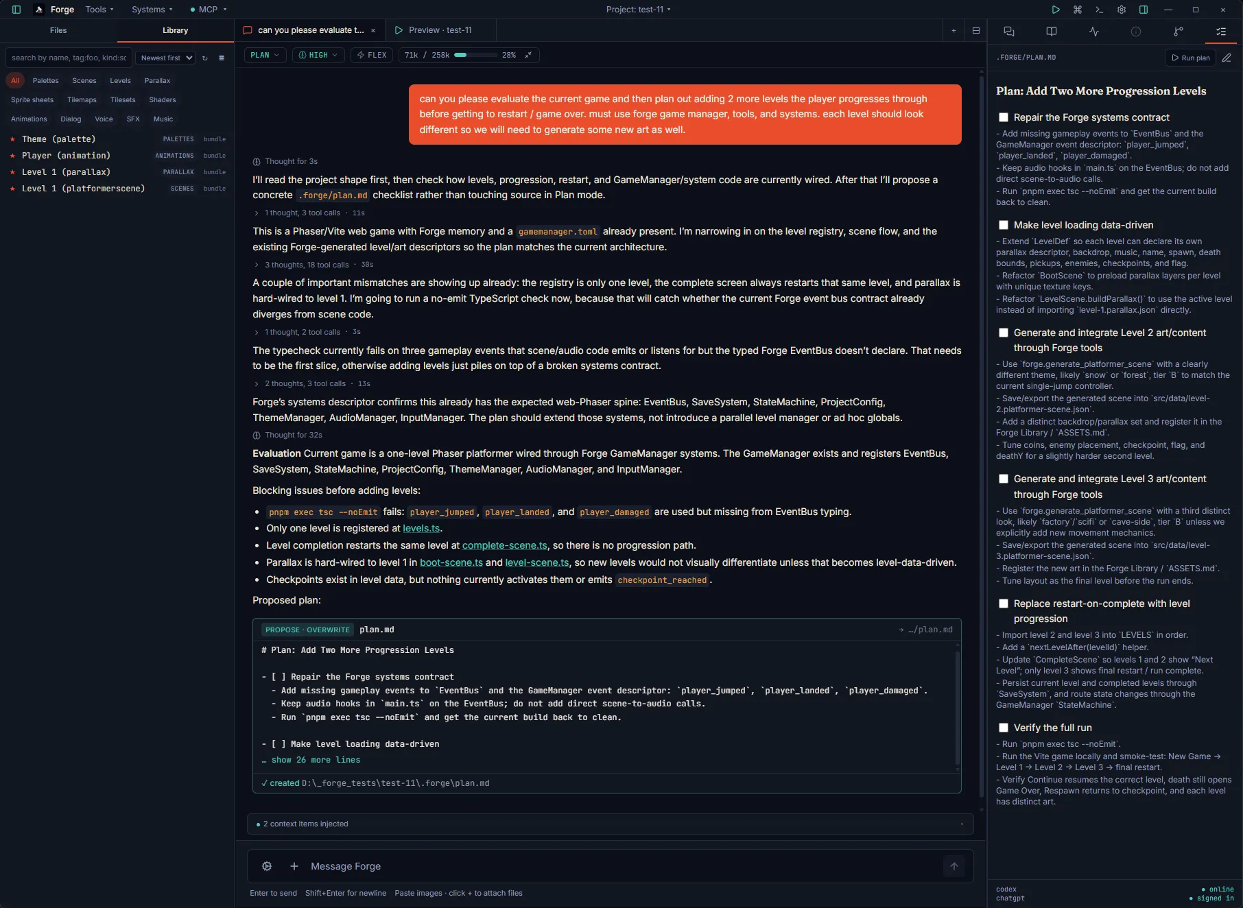 Plan inspector on the right shows the six-item plan for adding two more levels. The workspace tabs across the top show the planning chat plus several Plan-pinned chats, one per item being worked on in parallel