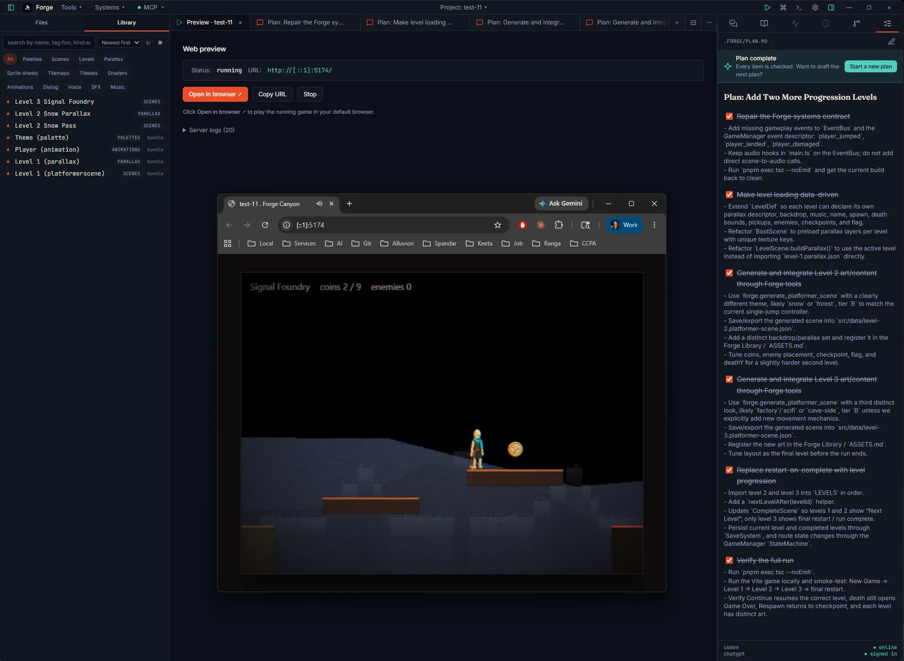 Built game running in the Forge web preview, showing the player on the second level platform alongside an enemy boss and a collectible coin