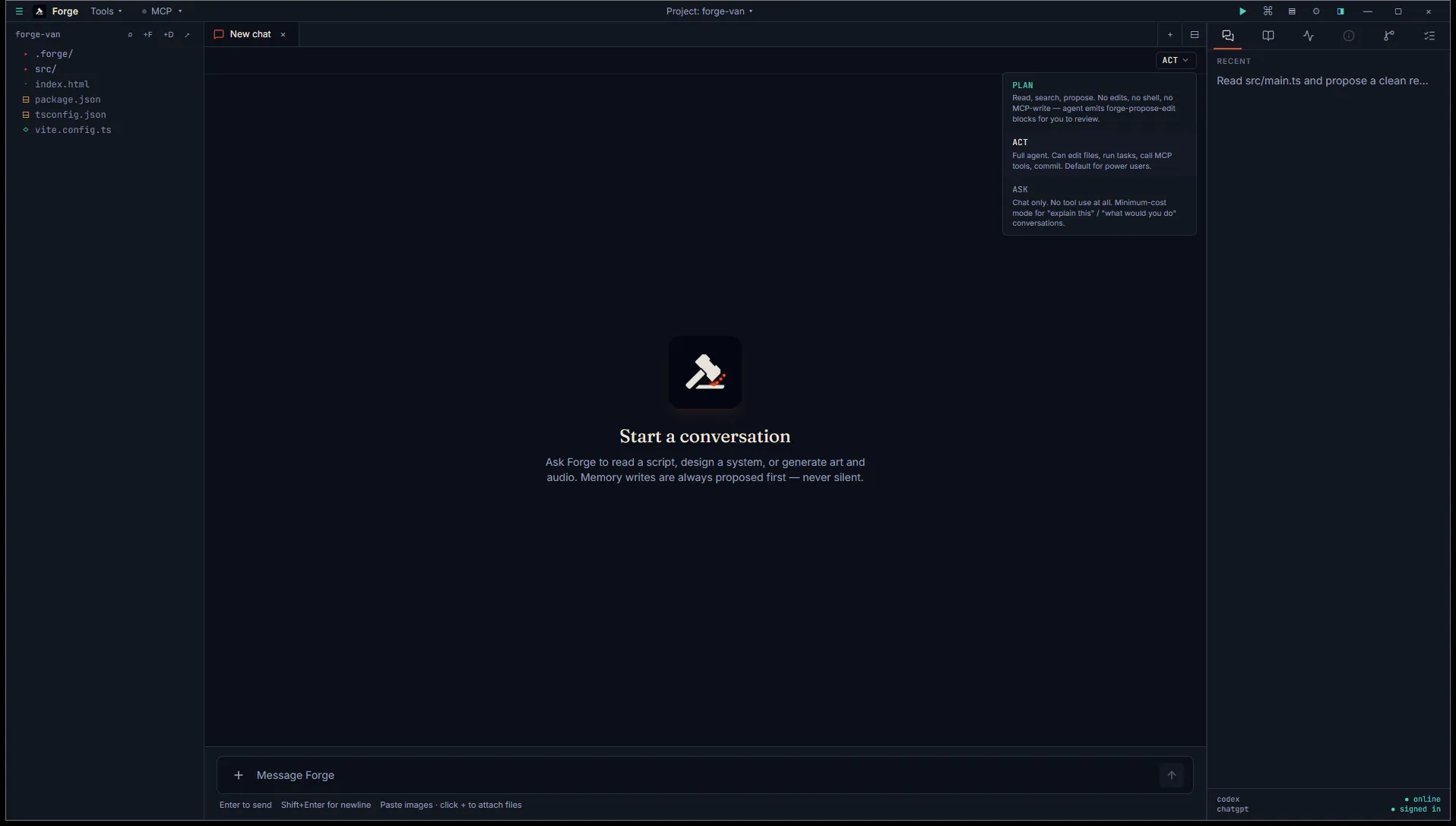Agent mode chip dropdown open showing Plan, Act, and Ask with one-line descriptions of what each allows