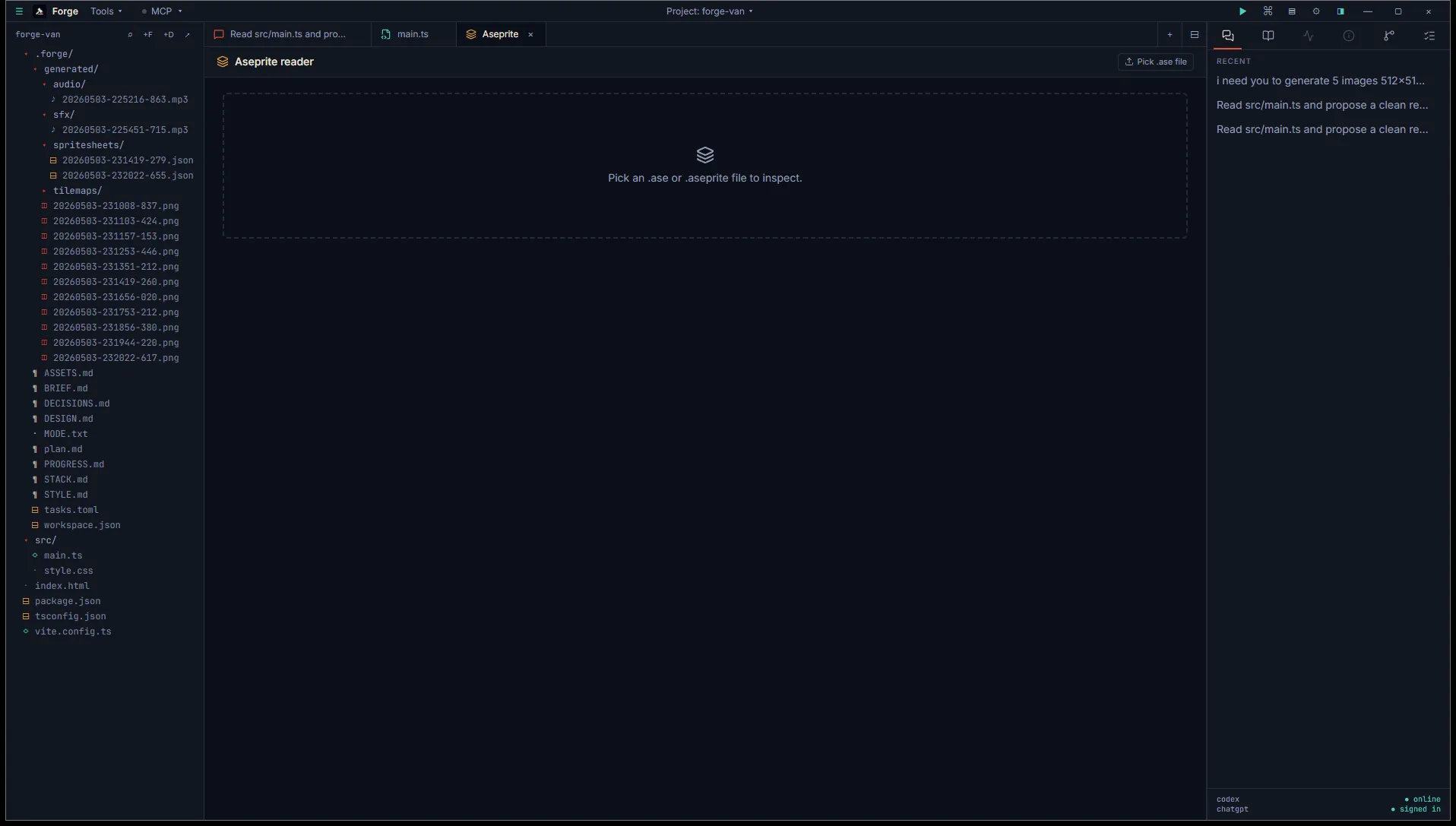 Aseprite reader empty state with the dashed drop zone and Pick .ase file action