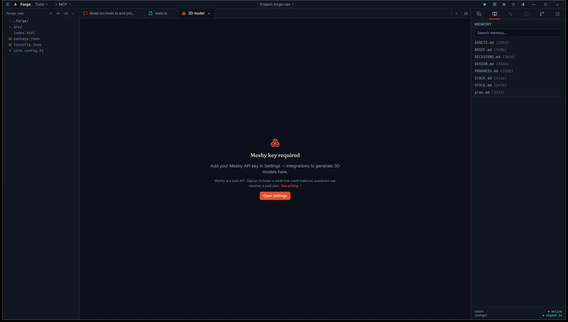 3D mesh asset studio in its Meshy key required empty state, with prompt and art-style picker disabled until a key is set
