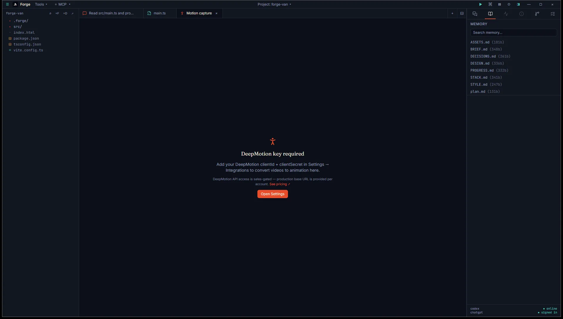 Motion capture asset studio in its DeepMotion key required empty state