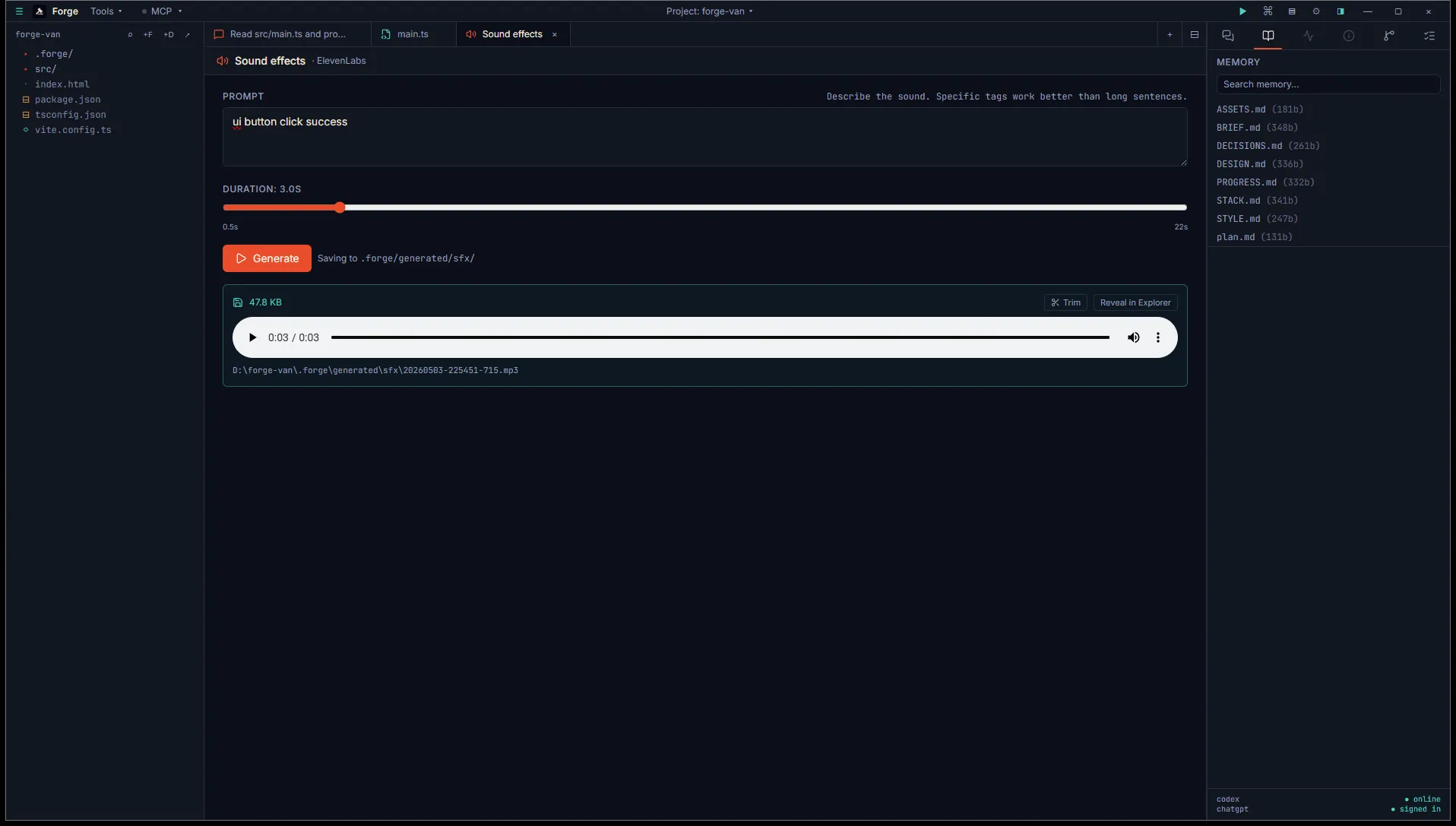 Sound effects asset studio with a "ui button click success" prompt and a generated clip rendered with Trim and Reveal in Explorer affordances