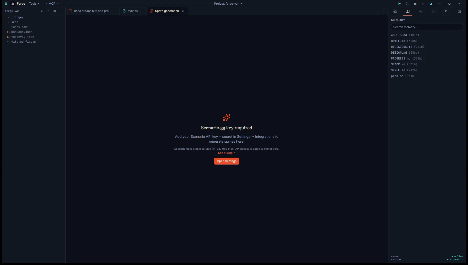 Sprite asset studio in its Scenario.gg key required empty state