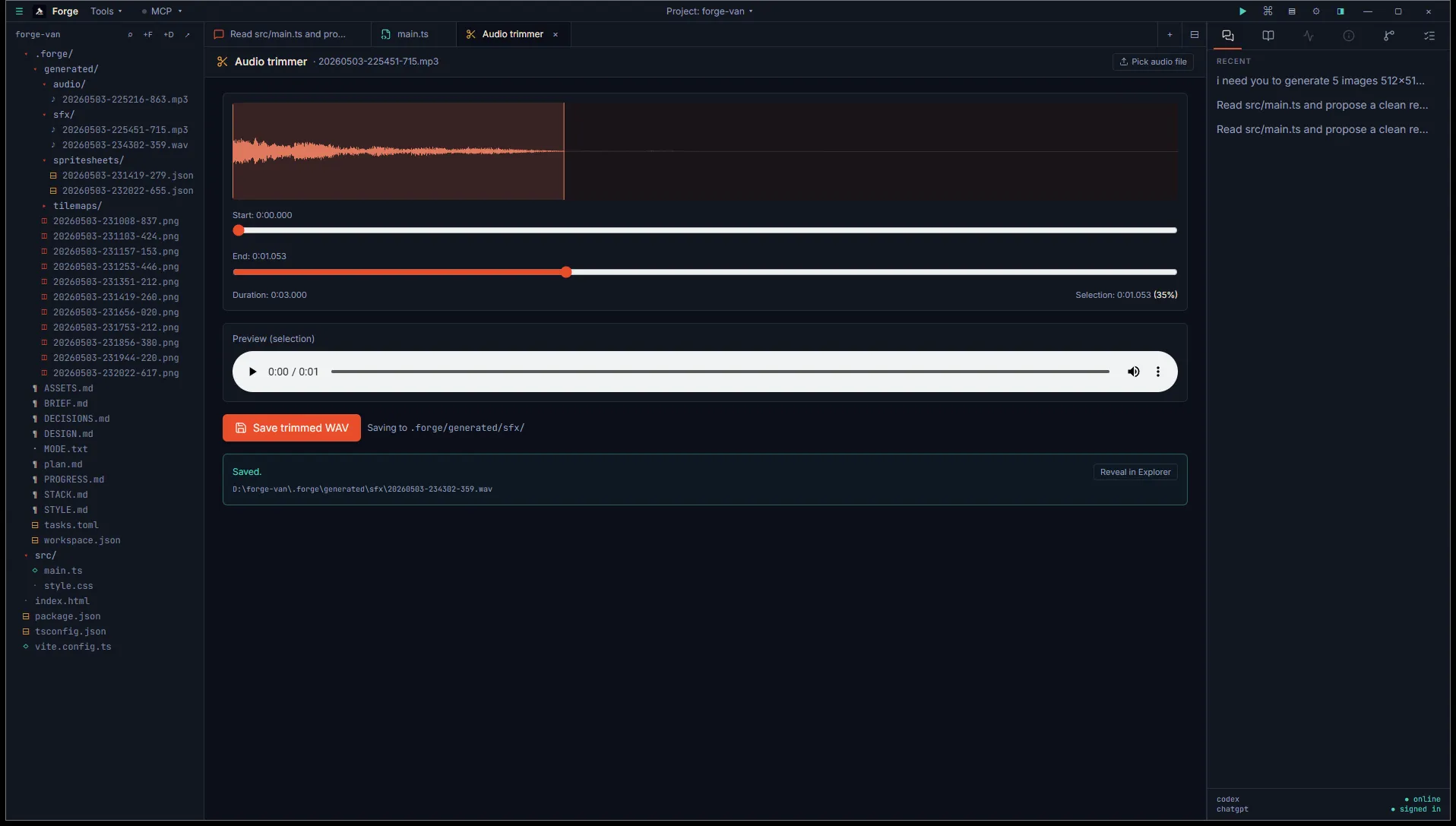 Audio trimmer with an SFX waveform loaded, the energetic head selected at 35 percent, and a Saved confirmation card showing the exported WAV path