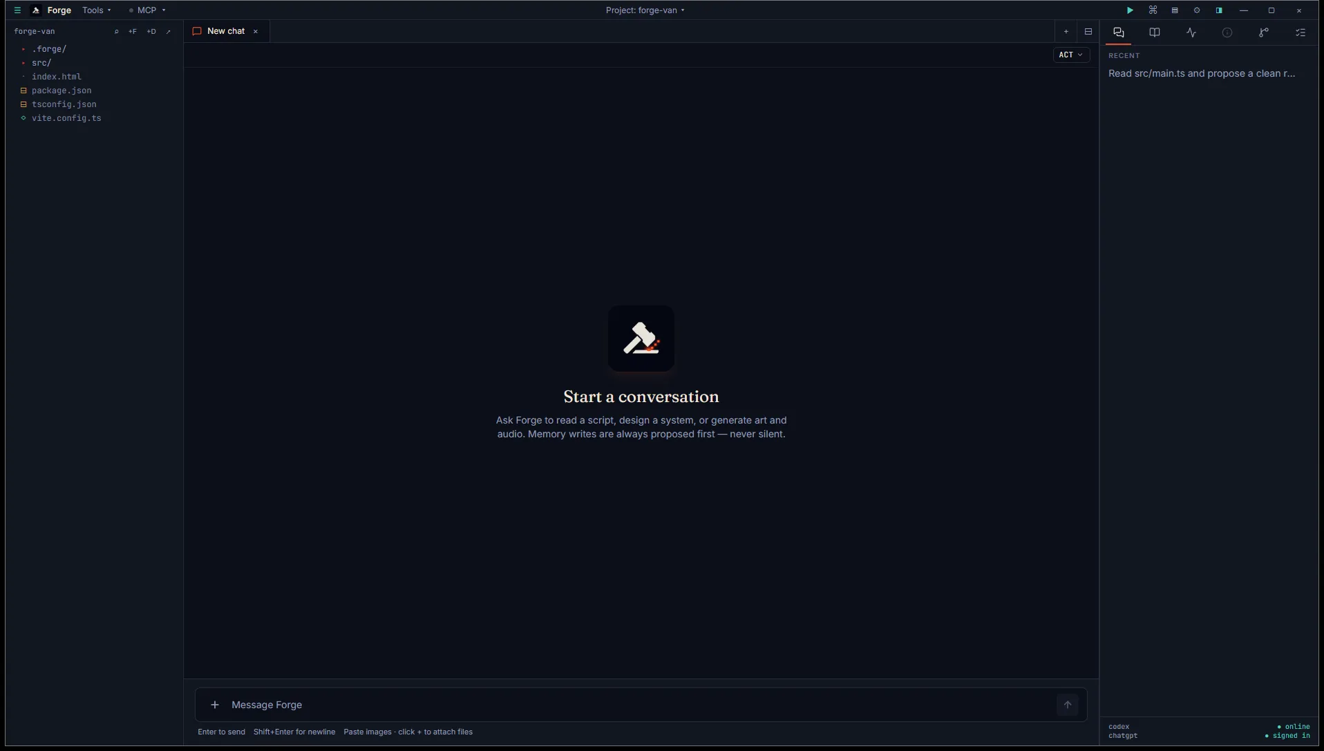 Forge open on a project with a fresh chat tab in the centre, the project explorer on the left, and the Inspector with Sessions on the right