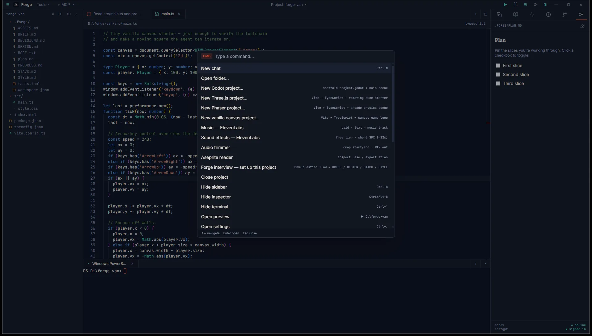 Command palette open with new chat, template scaffolds, pipeline tools, layout toggles, and their bound chords