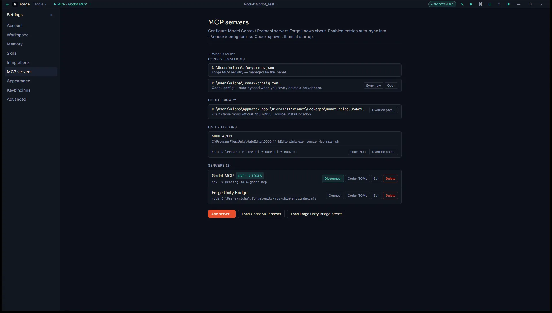 Settings → MCP with Godot MCP showing the LIVE 14 TOOLS badge and Disconnect button while a Godot project is open