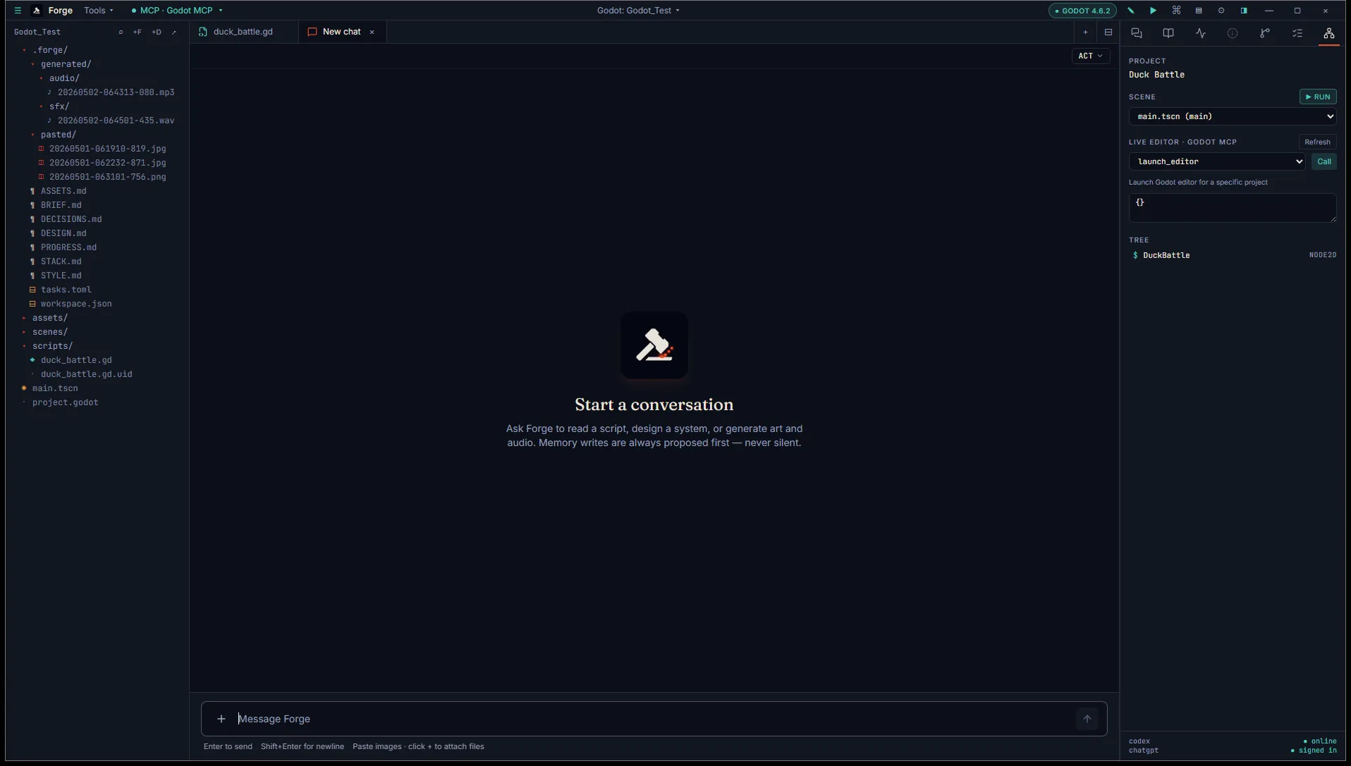 Forge in Godot mode: GODOT 4.6.2 pill in the title bar, MCP Godot MCP connected, Godot project tree on the left, and the Inspector showing the project panel with Scene picker, Run button, and Hierarchy tree