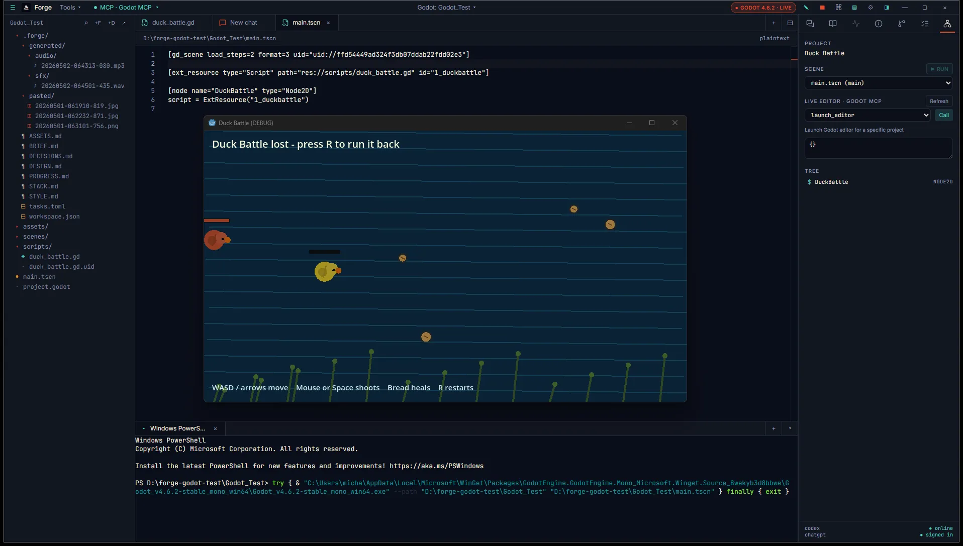 Forge with main.tscn open and the running Godot Editor in the foreground showing the Duck Battle scene