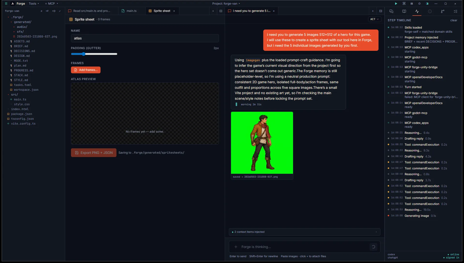 Forge chat with the agent generating sprite frames inline alongside the Sprite sheet tool ready to receive them