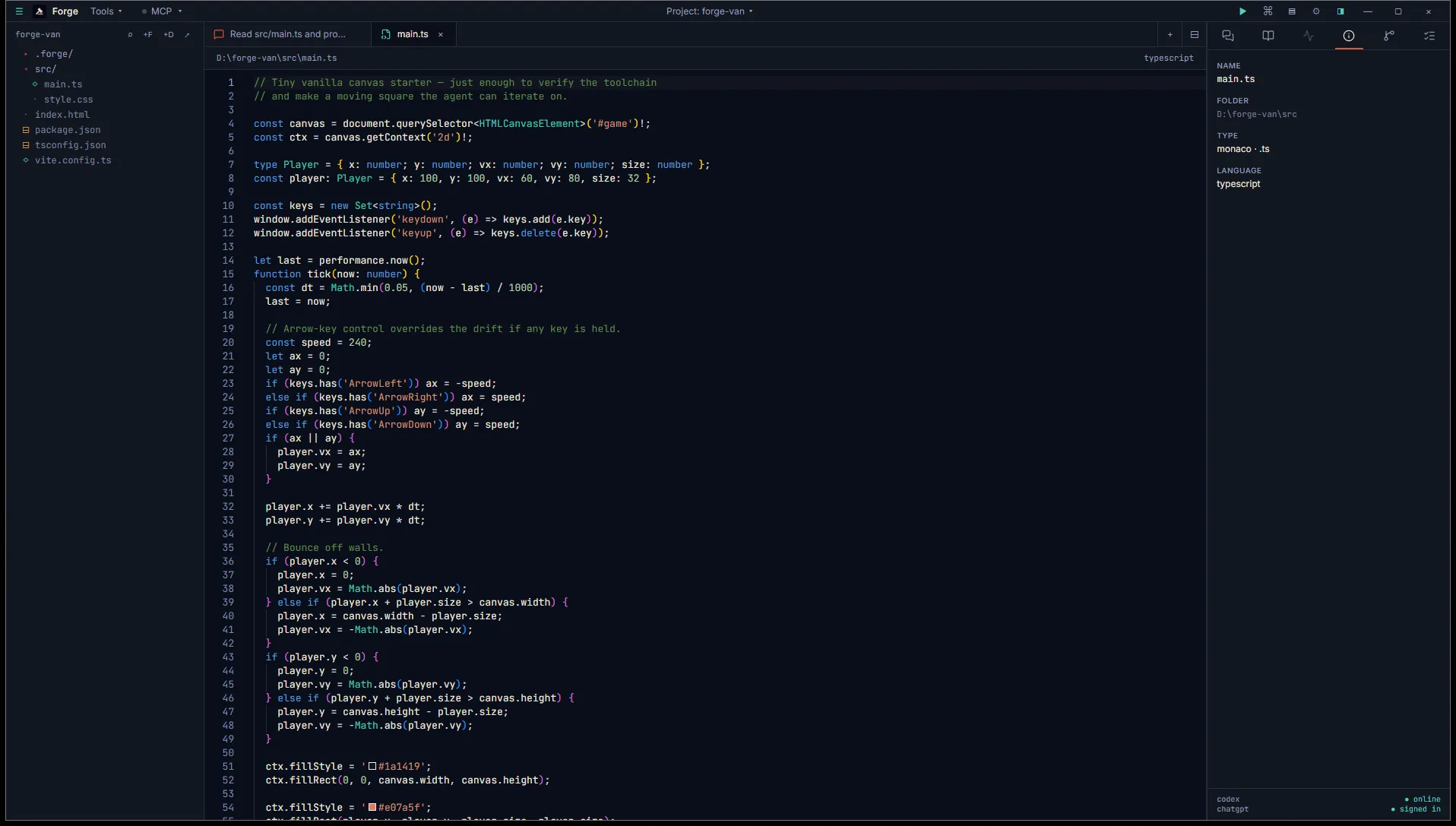 Inspector Properties tab on a TypeScript file showing Name, Folder, Type, and Language