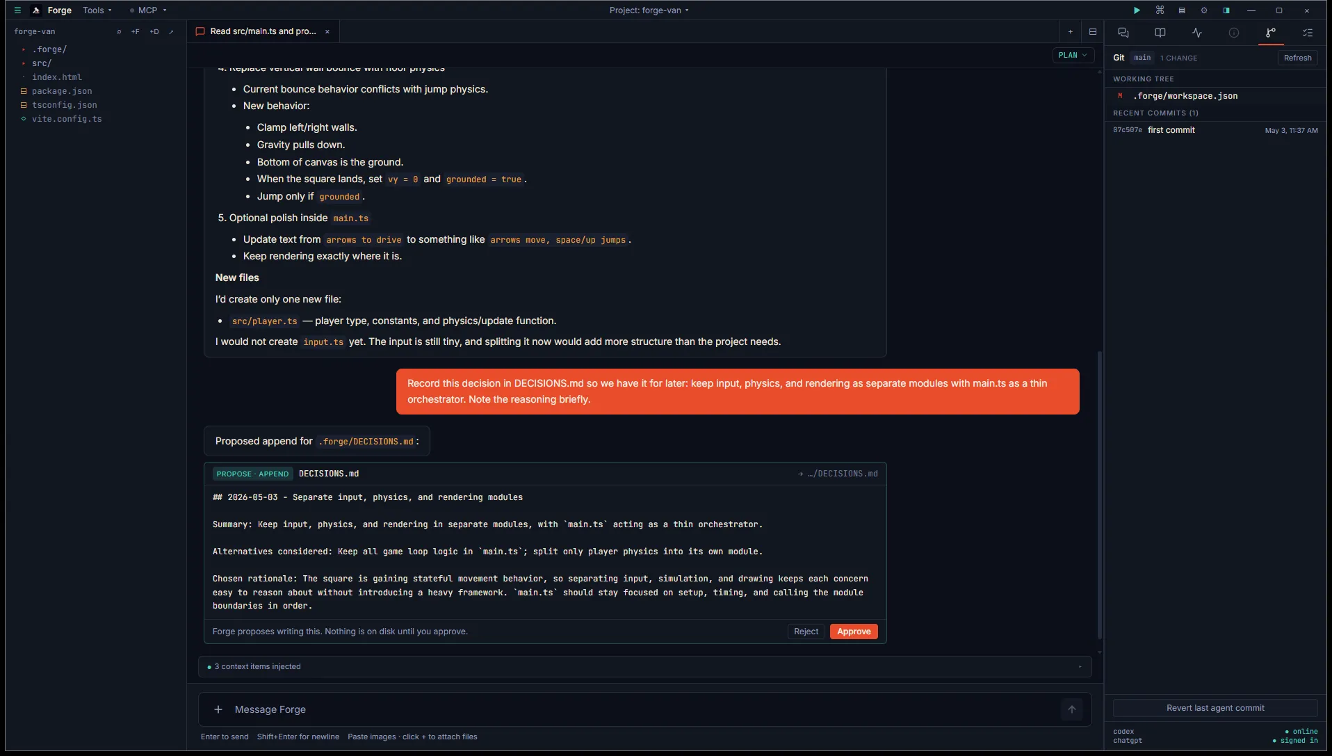 Inspector Git tab with branch, working tree status, recent commits, and the Revert last agent commit button