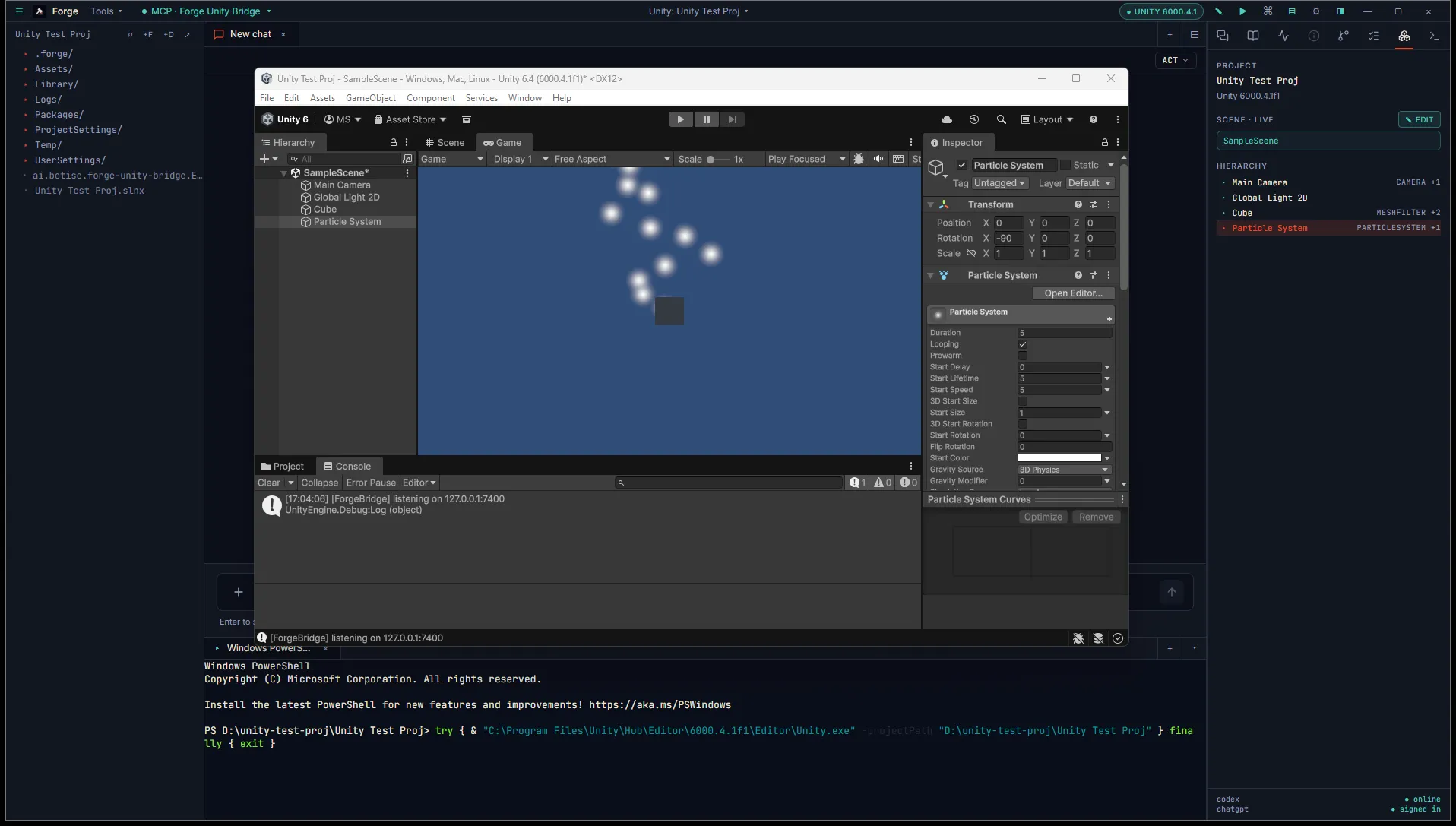 Inspector Hierarchy tab populated with the live Unity scene, showing SampleScene with Main Camera, Global Light 2D, and the agent-created LogEmitter