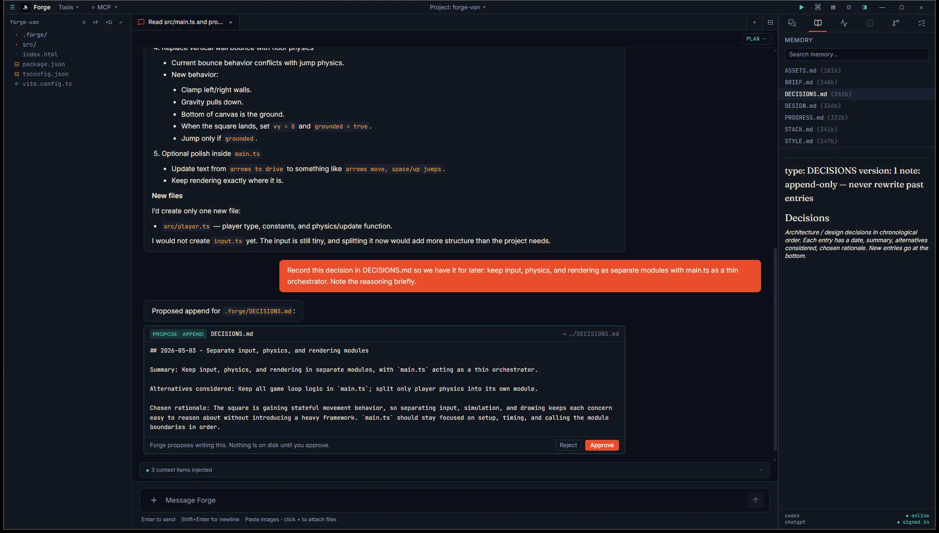 Inspector Memory tab listing the project's .forge markdown files with sizes plus a search field at the top