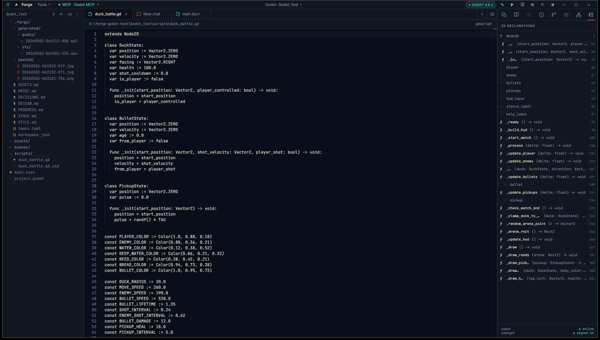 Forge with duck_battle.gd open in Monaco and the Outline tab on the right listing classes, methods, and constants