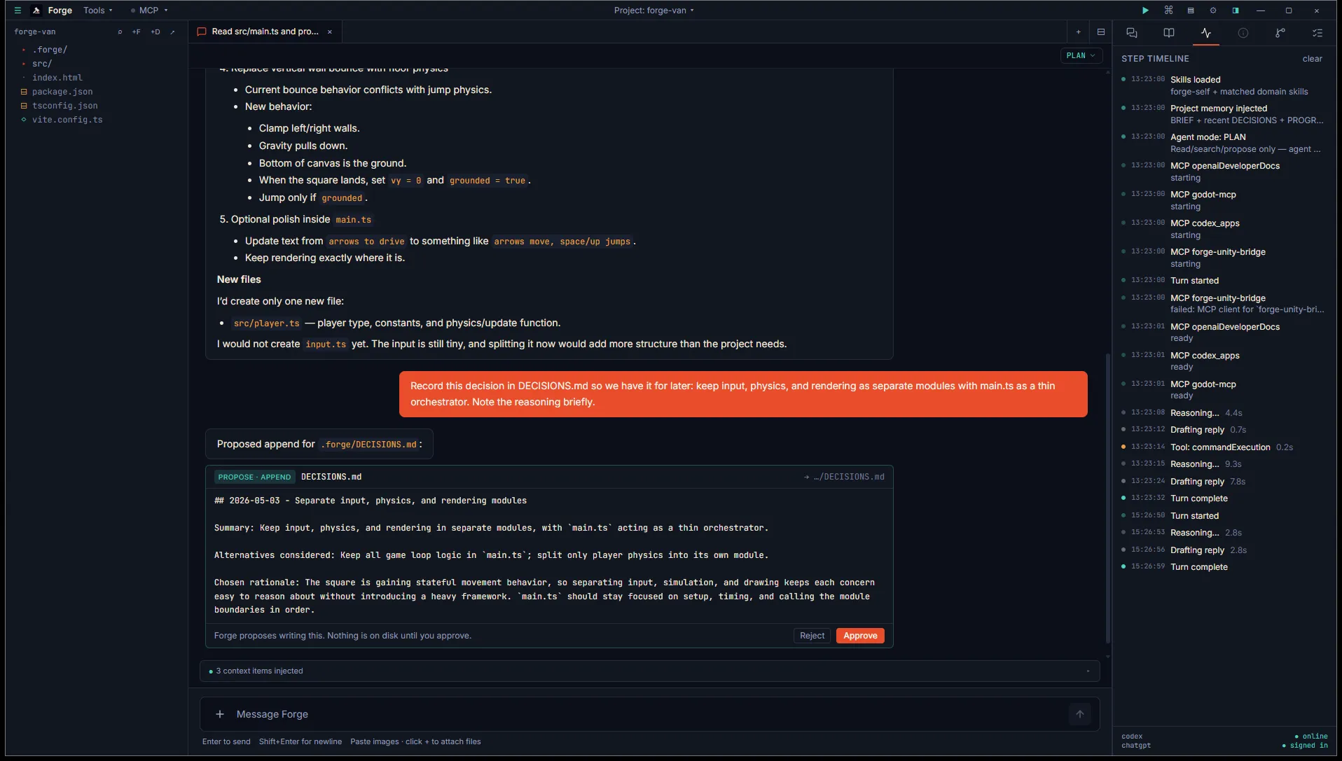 Inspector Timeline tab listing per-turn activity: skills loaded, project memory injected, MCP startup, reasoning, drafting reply, tool calls, turn complete