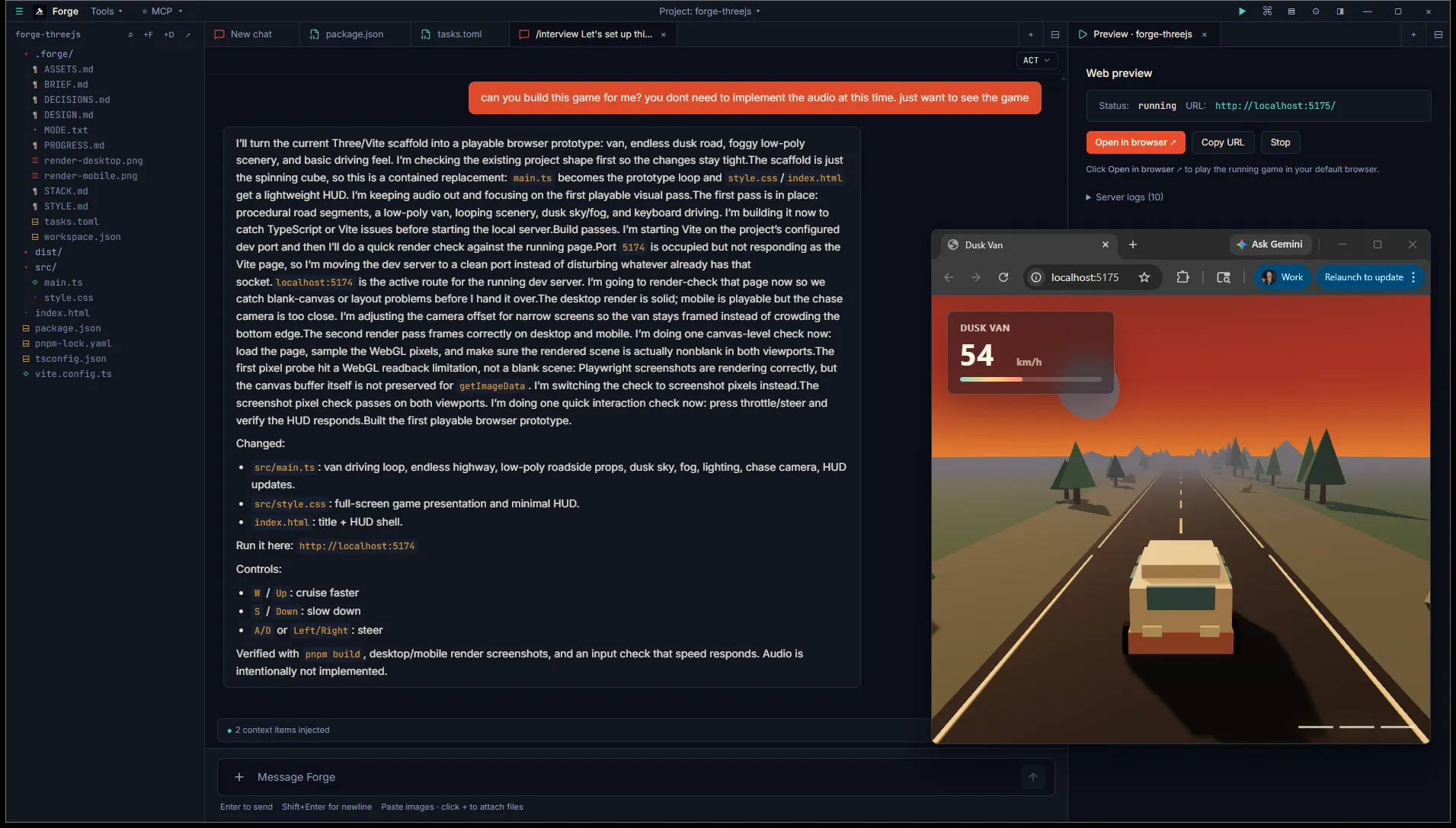 Forge running the agent-built prototype — chat showing the agent's summary, browser showing a third-person Three.js van driving down a low-poly desert highway with a sunset sky and HUD