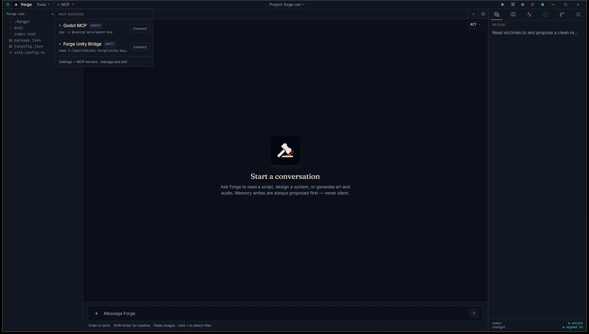 Title bar MCP dropdown showing Godot MCP and Forge Unity Bridge servers with Connect / Disconnect buttons