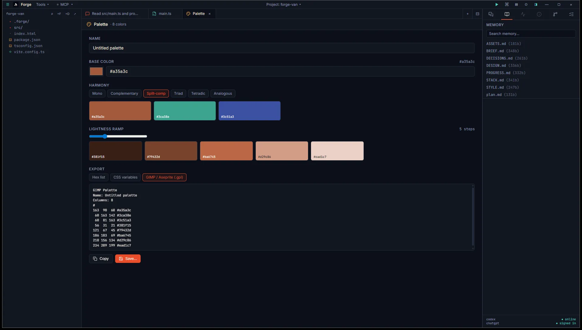 Palette tool with a split-comp harmony from Forge persimmon, a 5-step lightness ramp, and the GIMP/Aseprite export pane