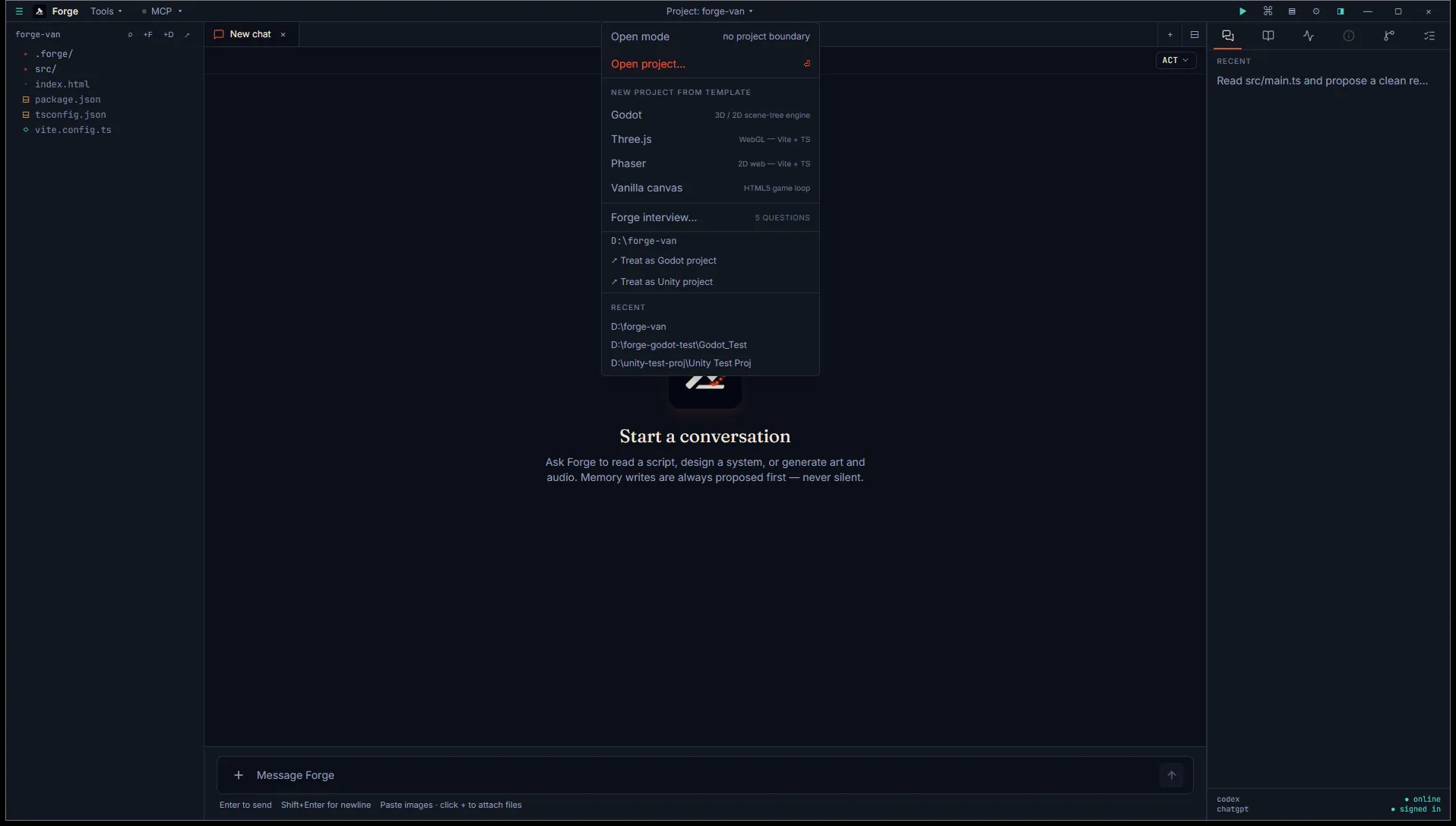 Project type chooser modal — Three.js / Phaser / Vanilla / Generic with an "Also scaffold starter files" checkbox