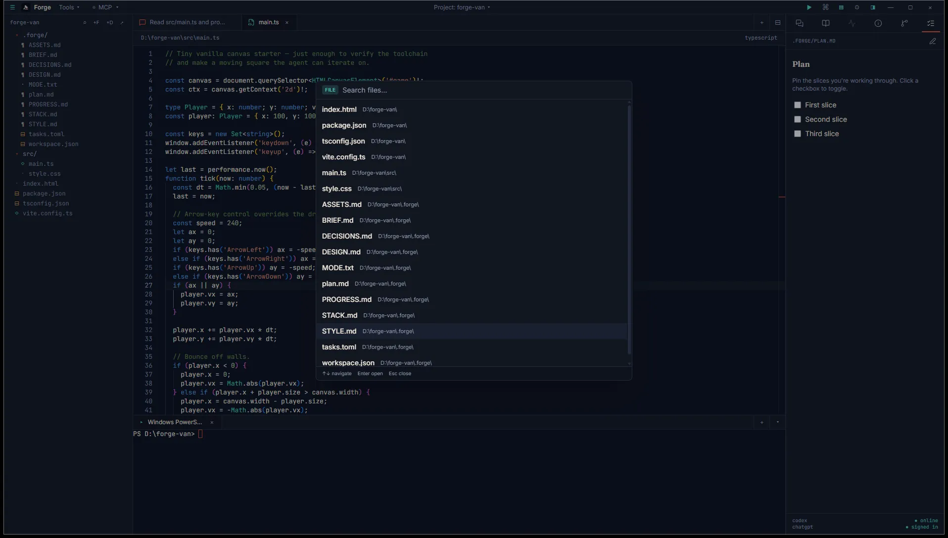Quick-open file palette showing all forge-van project files with size and recency metadata